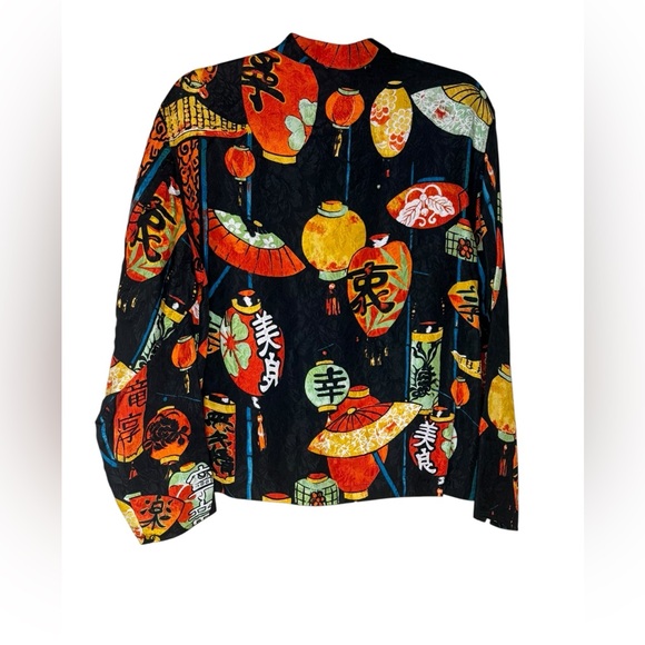 Vintage Chicos 100% Silk Chinese Lantern Print Mandarin Collar Shirt Jacket M - Picture 3 of 5
